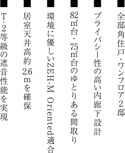 ■ 全邸角住戸・ワンフロア2邸 ■ プライバシー性の高い内廊下設計 ■ 82㎡台・75㎡台のゆとりある間取り ■ 環境に優しいZEH-M Oriented適合 ■ 居室天井高約2.6mを確保 ■ T-2等級の遮音性能を実現